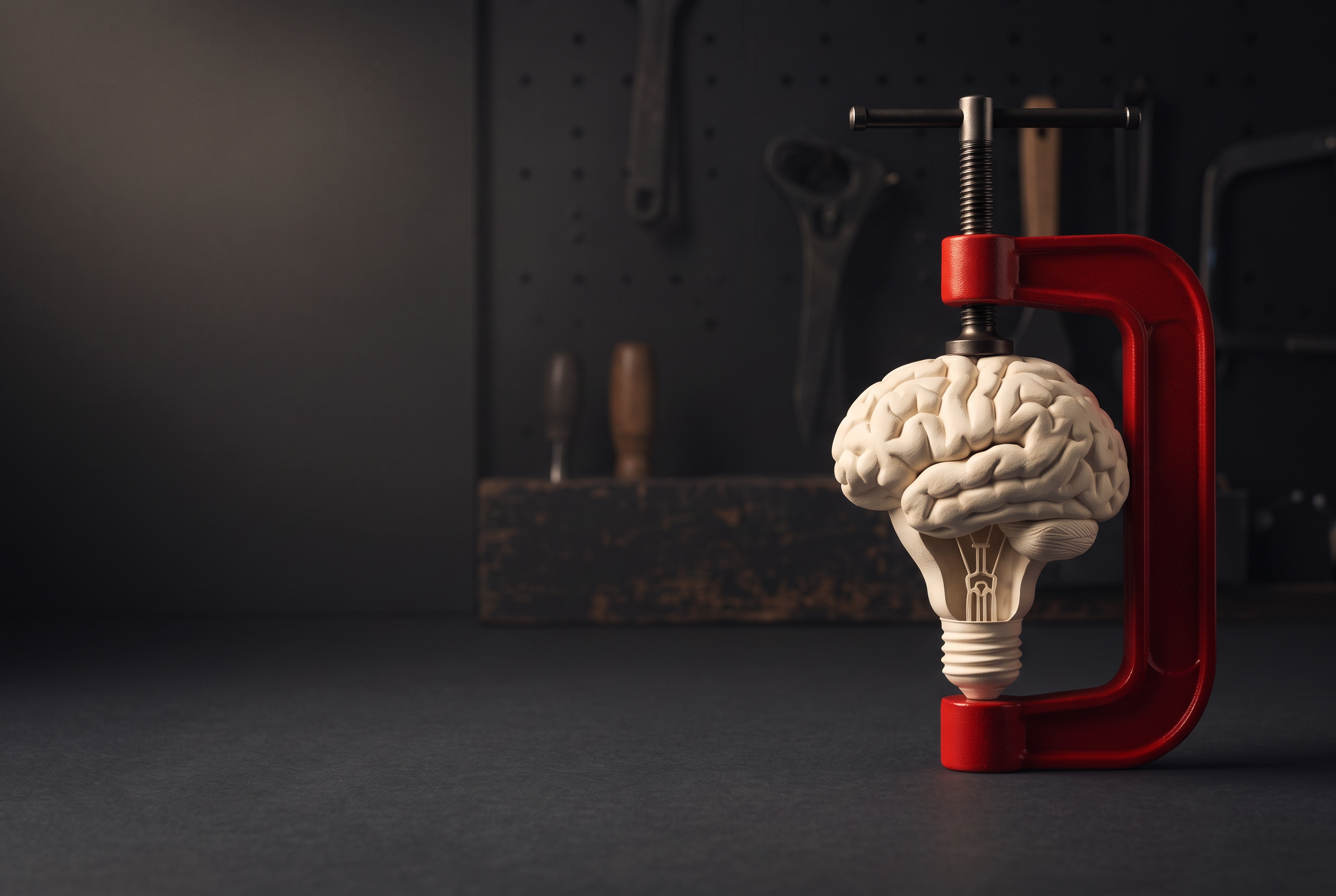 An ivory brain lightbulb compressed by a vivid red industrial clamp